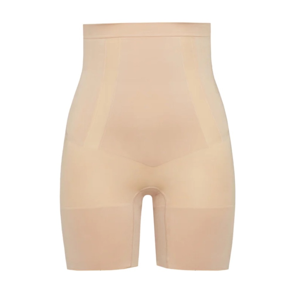 SPANX OnCore High-Waisted Mid-Thigh Short, size small, soft nude